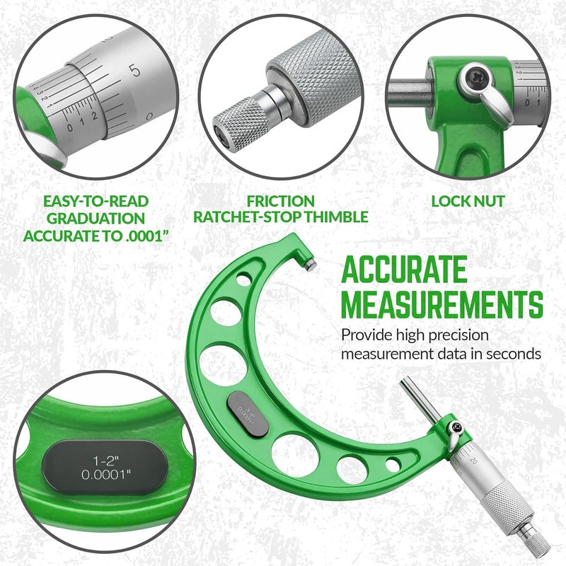 SANDOR Premium Outside Micrometer Set 0-4" / 0.0001" (0-1"/1-2"/2-3"/3-4") Precision Machinist Tools w/Carbide Tips, Standards, Ratchet Stop, Green - Image 2